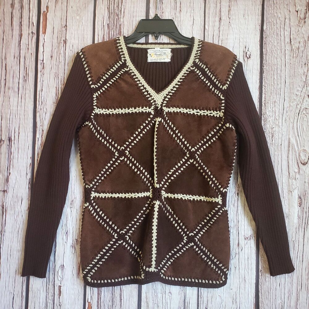 Vintage 1970s Western Native Boho Suede Patchwork Sweater Large Ribbed Brown